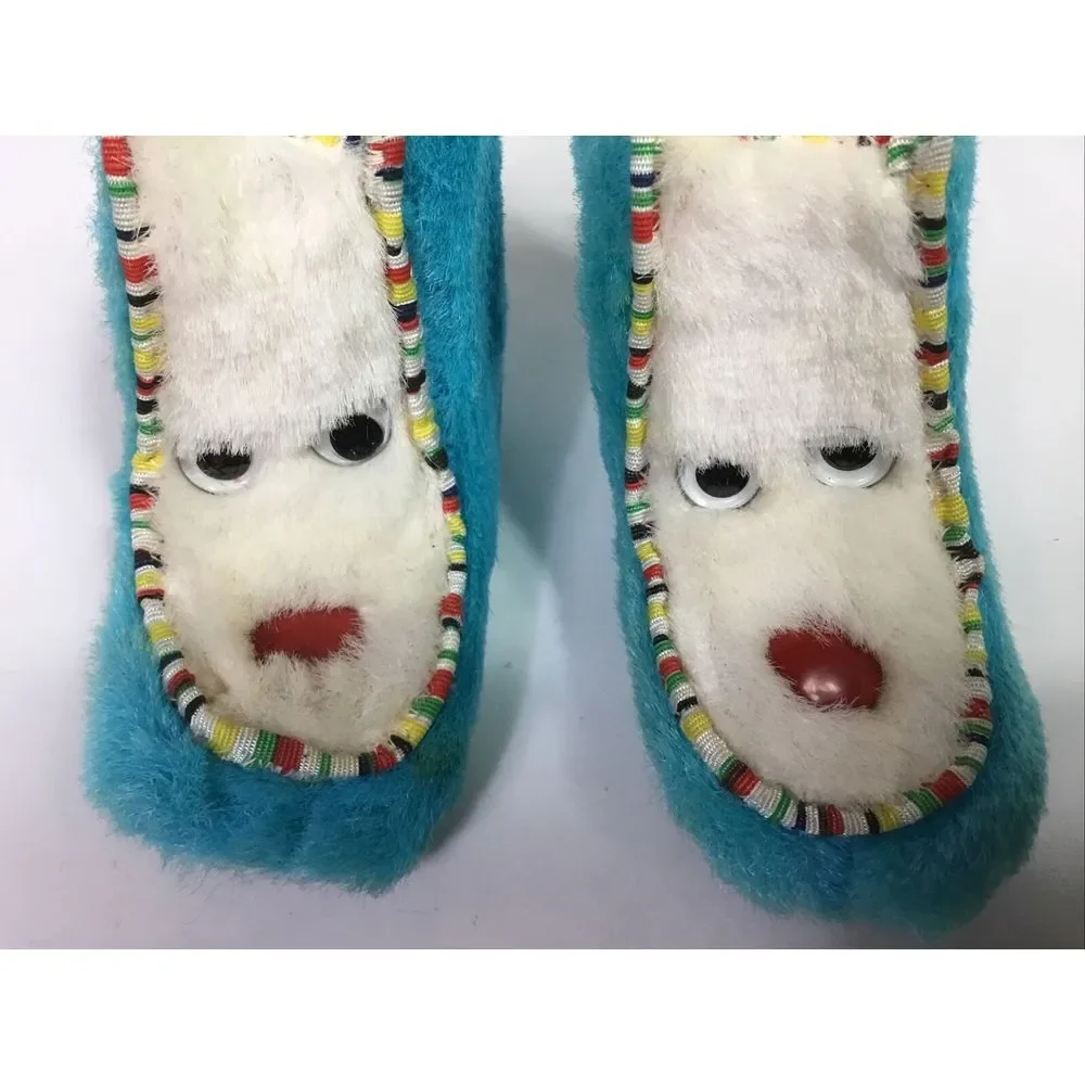 1960s Vintage Baby Booties Moccasin Size‎ 3 Fur animal Turquoise white Made USA
